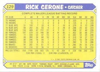 1987 Topps - Collector's Edition (Tiffany) #129 Rick Cerone Back