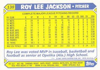 1987 Topps - Collector's Edition (Tiffany) #138 Roy Lee Jackson Back