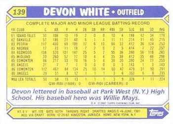 1987 Topps - Collector's Edition (Tiffany) #139 Devon White Back