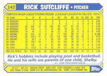 1987 Topps - Collector's Edition (Tiffany) #142 Rick Sutcliffe Back