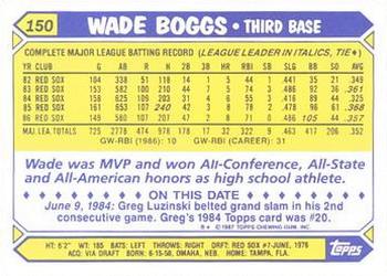 1987 Topps - Collector's Edition (Tiffany) #150 Wade Boggs Back