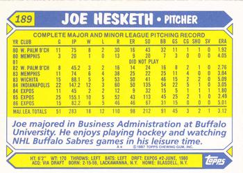 1987 Topps - Collector's Edition (Tiffany) #189 Joe Hesketh Back