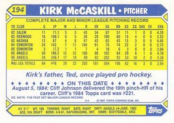 1987 Topps - Collector's Edition (Tiffany) #194 Kirk McCaskill Back
