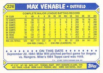 1987 Topps - Collector's Edition (Tiffany) #226 Max Venable Back