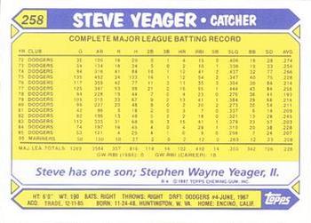 1987 Topps - Collector's Edition (Tiffany) #258 Steve Yeager Back