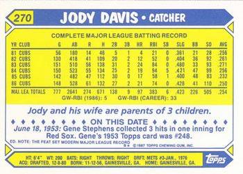 Jody Davis 1987 Topps #270 Chicago Cubs Baseball Card