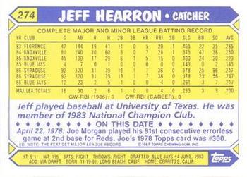 1987 Topps - Collector's Edition (Tiffany) #274 Jeff Hearron Back