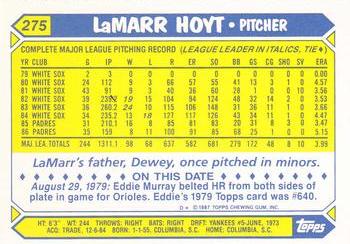 1987 Topps - Collector's Edition (Tiffany) #275 LaMarr Hoyt Back