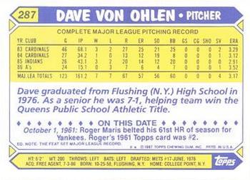 1987 Topps - Collector's Edition (Tiffany) #287 Dave Von Ohlen Back