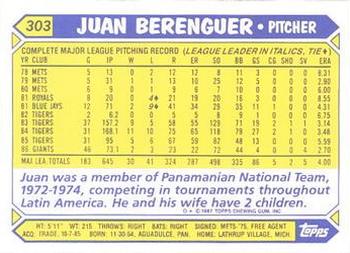 1987 Topps - Collector's Edition (Tiffany) #303 Juan Berenguer Back