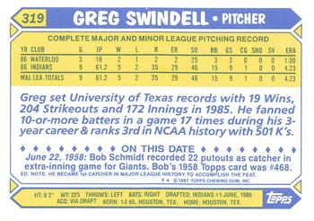 1987 Topps - Collector's Edition (Tiffany) #319 Greg Swindell Back