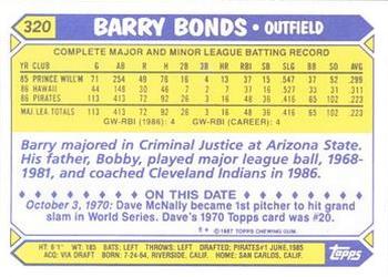 1987 Topps - Collector's Edition (Tiffany) #320 Barry Bonds Back