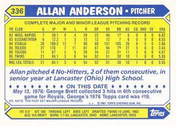 1987 Topps - Collector's Edition (Tiffany) #336 Allan Anderson Back