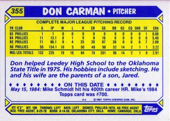 1987 Topps - Collector's Edition (Tiffany) #355 Don Carman Back