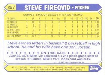 1987 Topps - Collector's Edition (Tiffany) #357 Steve Fireovid Back