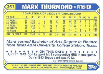 1987 Topps - Collector's Edition (Tiffany) #361 Mark Thurmond Back