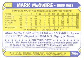 1987 Topps - Collector's Edition (Tiffany) #366 Mark McGwire Back