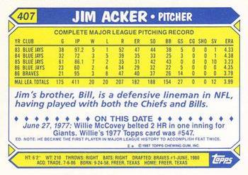 1987 Topps - Collector's Edition (Tiffany) #407 Jim Acker Back
