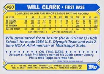 1987 Topps - Collector's Edition (Tiffany) #420 Will Clark Back