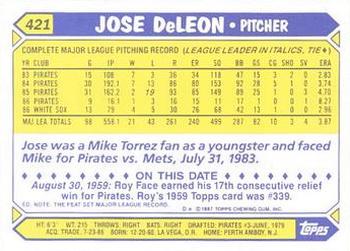 1987 Topps - Collector's Edition (Tiffany) #421 Jose DeLeon Back