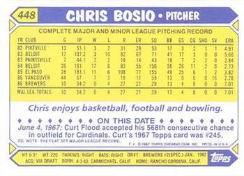 1987 Topps - Collector's Edition (Tiffany) #448 Chris Bosio Back