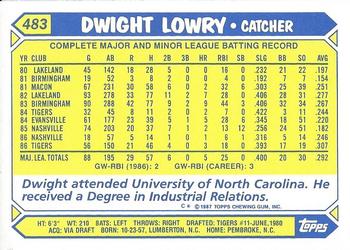 1987 Topps - Collector's Edition (Tiffany) #483 Dwight Lowry Back