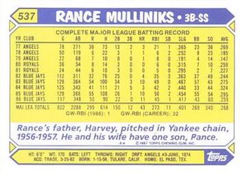 1987 Topps - Collector's Edition (Tiffany) #537 Rance Mulliniks Back