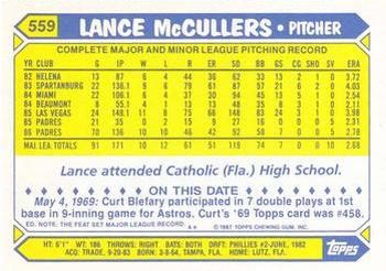 1987 Topps - Collector's Edition (Tiffany) #559 Lance McCullers Back