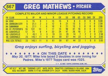 1987 Topps - Collector's Edition (Tiffany) #567 Greg Mathews Back