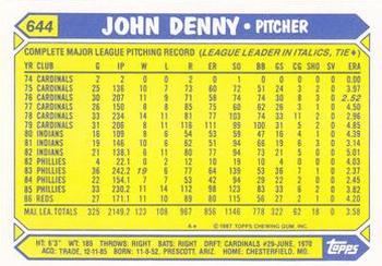 1987 Topps - Collector's Edition (Tiffany) #644 John Denny Back