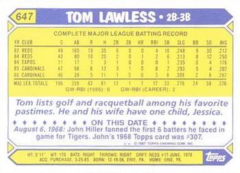 1987 Topps - Collector's Edition (Tiffany) #647 Tom Lawless Back