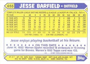 1987 Topps - Collector's Edition (Tiffany) #655 Jesse Barfield Back