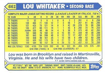 1987 Topps - Collector's Edition (Tiffany) #661 Lou Whitaker Back