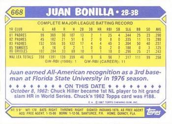 1987 Topps - Collector's Edition (Tiffany) #668 Juan Bonilla Back