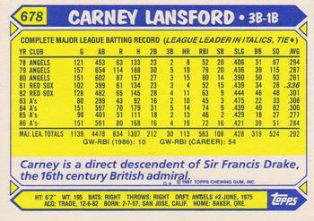 1987 Topps - Collector's Edition (Tiffany) #678 Carney Lansford Back