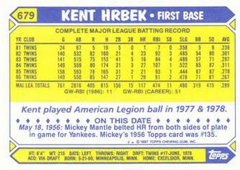 1987 Topps - Collector's Edition (Tiffany) #679 Kent Hrbek Back