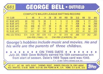 1987 Topps - Collector's Edition (Tiffany) #681 George Bell Back