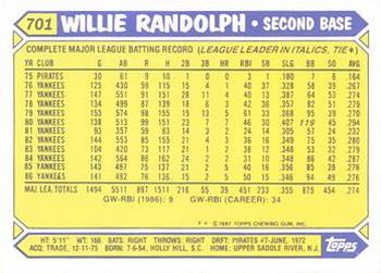 1987 Topps - Collector's Edition (Tiffany) #701 Willie Randolph Back