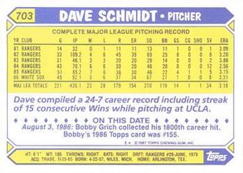 1987 Topps - Collector's Edition (Tiffany) #703 Dave Schmidt Back