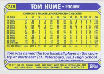 1987 Topps - Collector's Edition (Tiffany) #719 Tom Hume Back