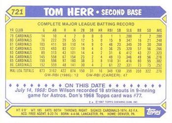 1987 Topps - Collector's Edition (Tiffany) #721 Tom Herr Back