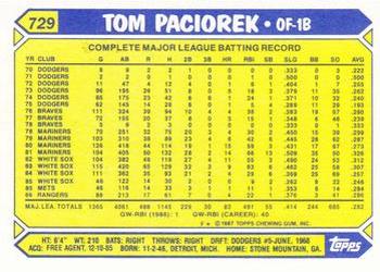 1987 Topps - Collector's Edition (Tiffany) #729 Tom Paciorek Back