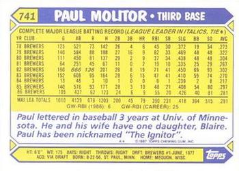 1987 Topps - Collector's Edition (Tiffany) #741 Paul Molitor Back