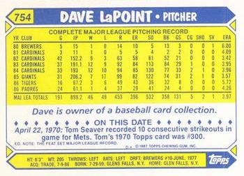1987 Topps - Collector's Edition (Tiffany) #754 Dave LaPoint Back