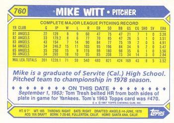 1987 Topps - Collector's Edition (Tiffany) #760 Mike Witt Back