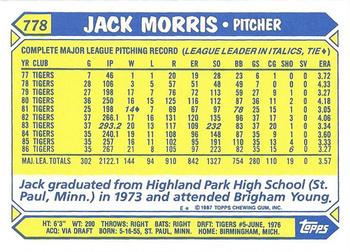 1987 Topps - Collector's Edition (Tiffany) #778 Jack Morris Back