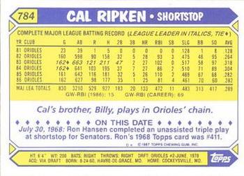 1987 Topps - Collector's Edition (Tiffany) #784 Cal Ripken Jr. Back