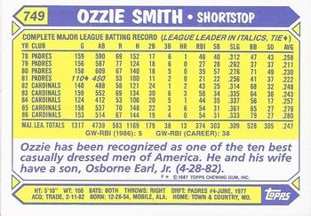 1987 Topps - Collector's Edition (Tiffany) #749 Ozzie Smith Back