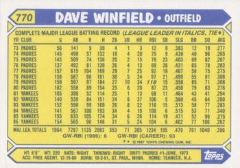 1987 Topps - Collector's Edition (Tiffany) #770 Dave Winfield Back