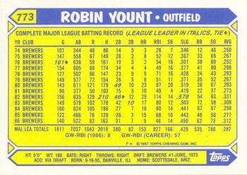 1987 Topps - Collector's Edition (Tiffany) #773 Robin Yount Back